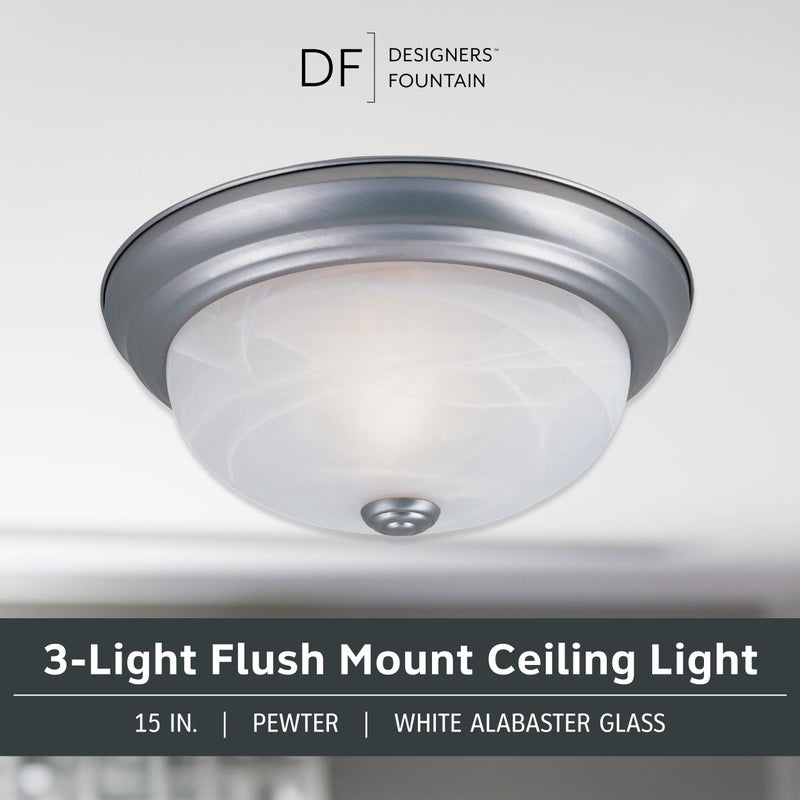 Designers Fountain 15 in 3-Light Flush Mount Ceiling Light, Pewter with Alabaster Glass Shade, 1257L-PW-AL - Image 2